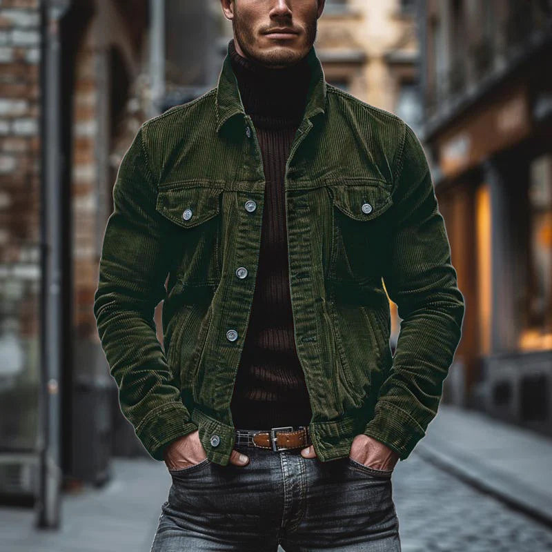 Męska kurtka vintage z zapięciem na guziki, kieszeniami na piersi i slim fit
