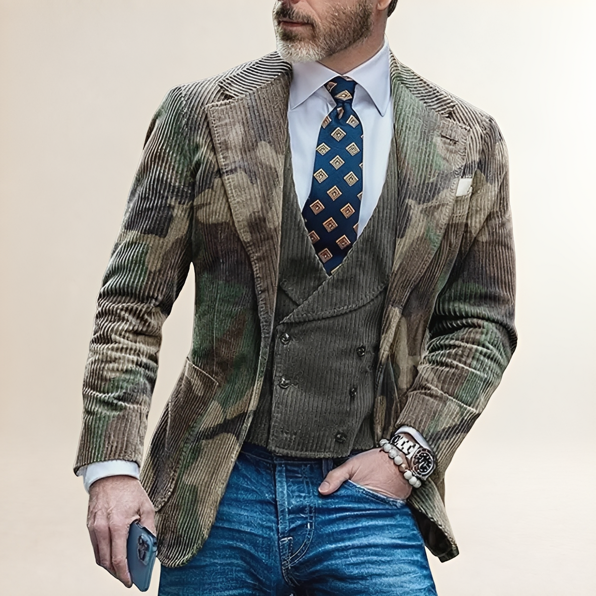 Męska marynarka typu blazer z camo, jednorzędowa, dopasowany krój