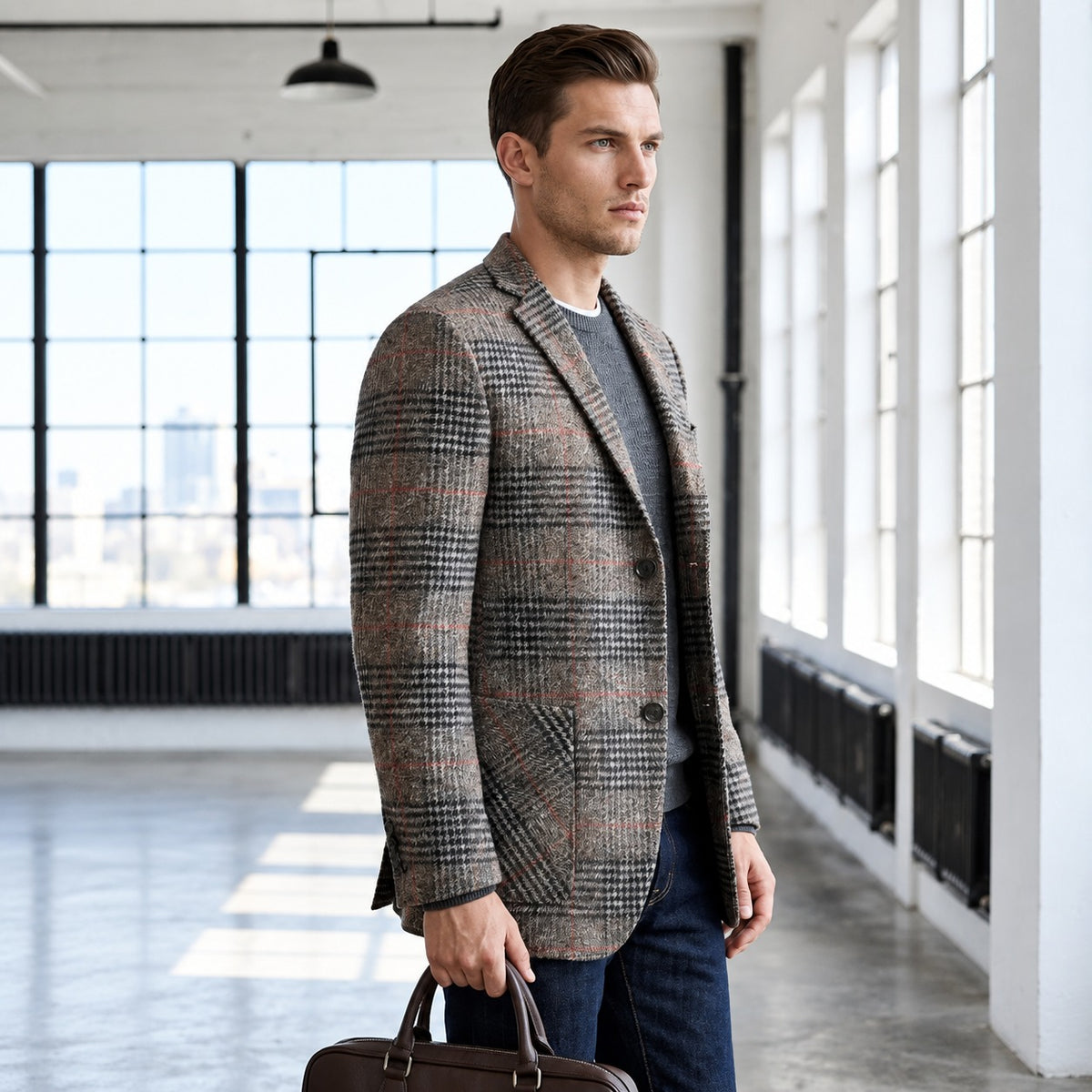 Męska marynarka z wzorem Glen plaid, miękkie ramiona, relaxed fit, kieszenie łatwo dostępne