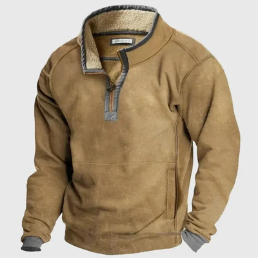 Męski sweter półgolf z krótkim suwakiem i kontrastowymi łapkami na łokciach - relaxed fit