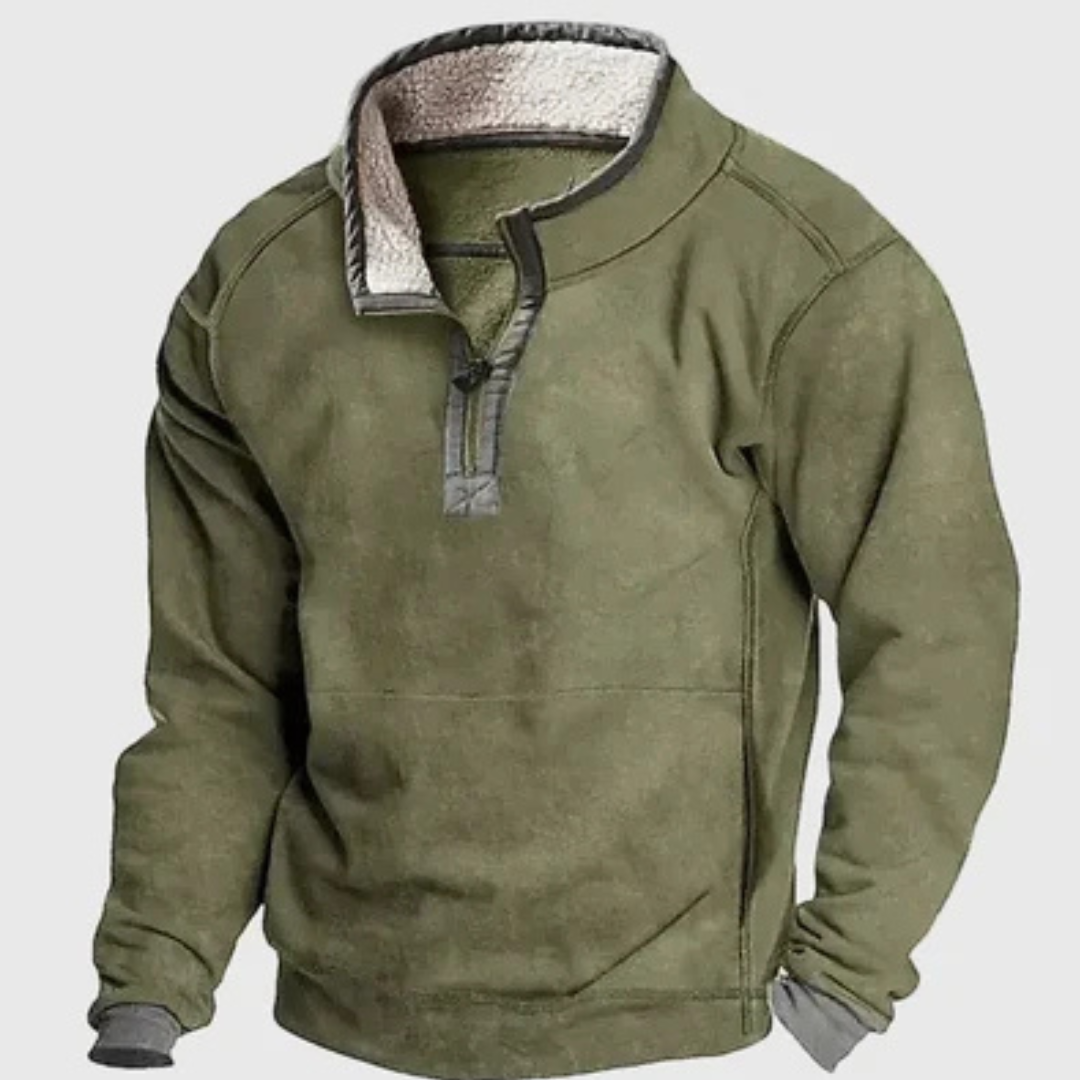 Męski sweter półgolf z krótkim suwakiem i kontrastowymi łapkami na łokciach - relaxed fit