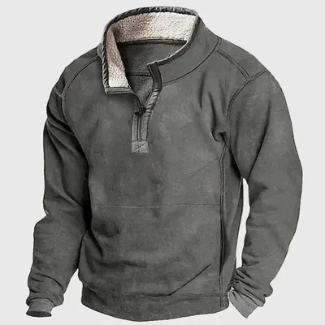 Męski sweter półgolf z krótkim suwakiem i kontrastowymi łapkami na łokciach - relaxed fit