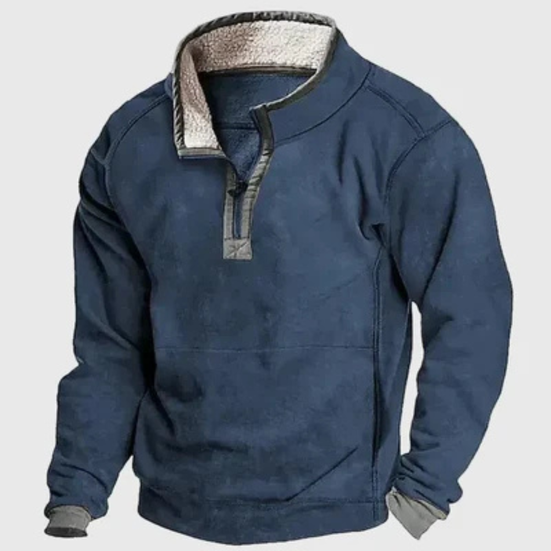 Męski sweter półgolf z krótkim suwakiem i kontrastowymi łapkami na łokciach - relaxed fit