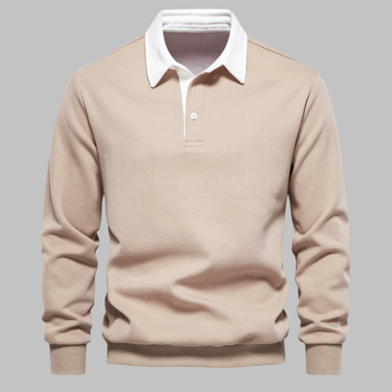 Męski sweter polo z kołnierzykiem - długi rękaw, plisa na guziki, relaxed fit