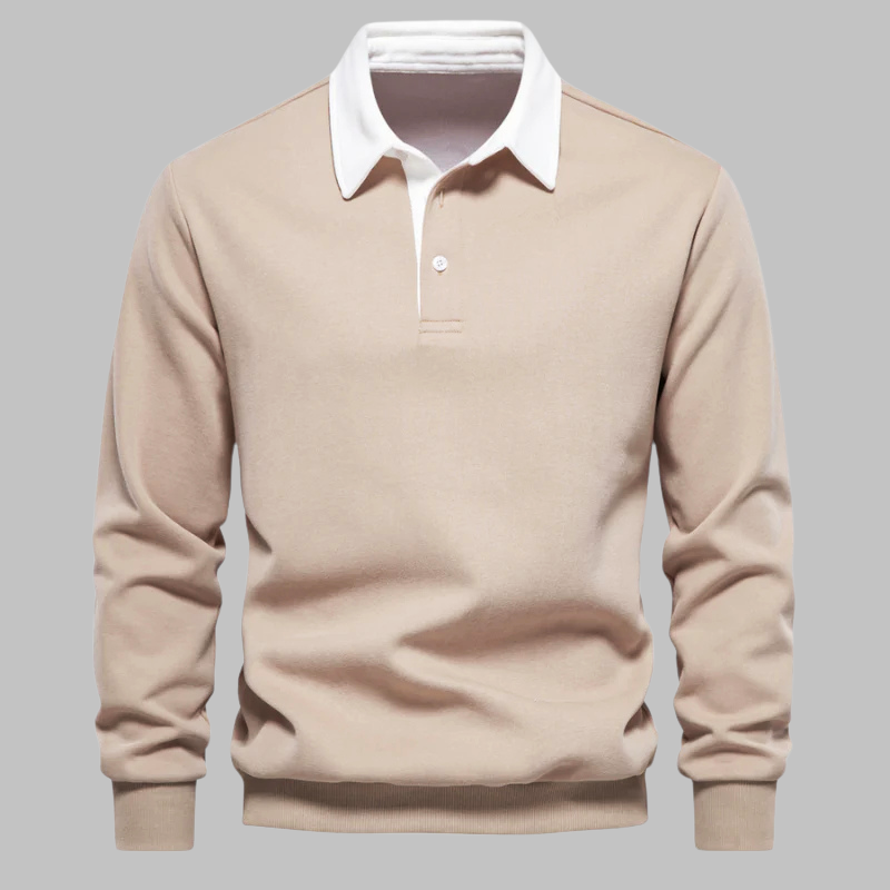 Męski sweter polo z kołnierzykiem - długi rękaw, plisa na guziki, relaxed fit