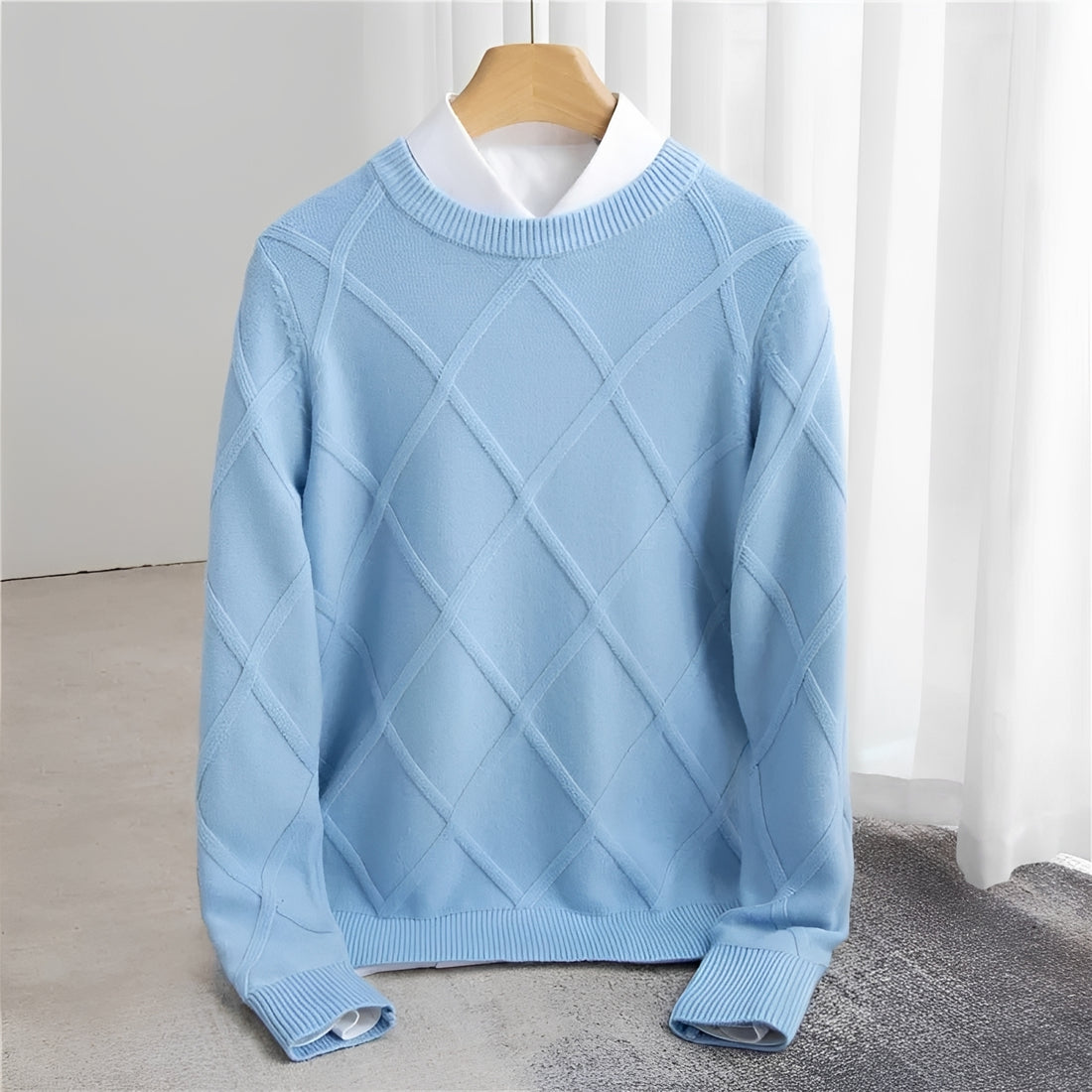 Męski sweter z dekoltem O, wzór argyle, ściągacze na rękawach, regularny krój