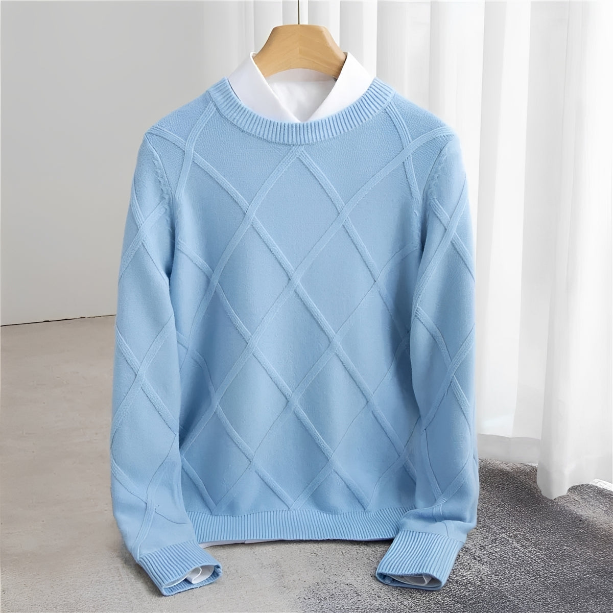 Męski sweter z dekoltem O, wzór argyle, ściągacze na rękawach, regularny krój