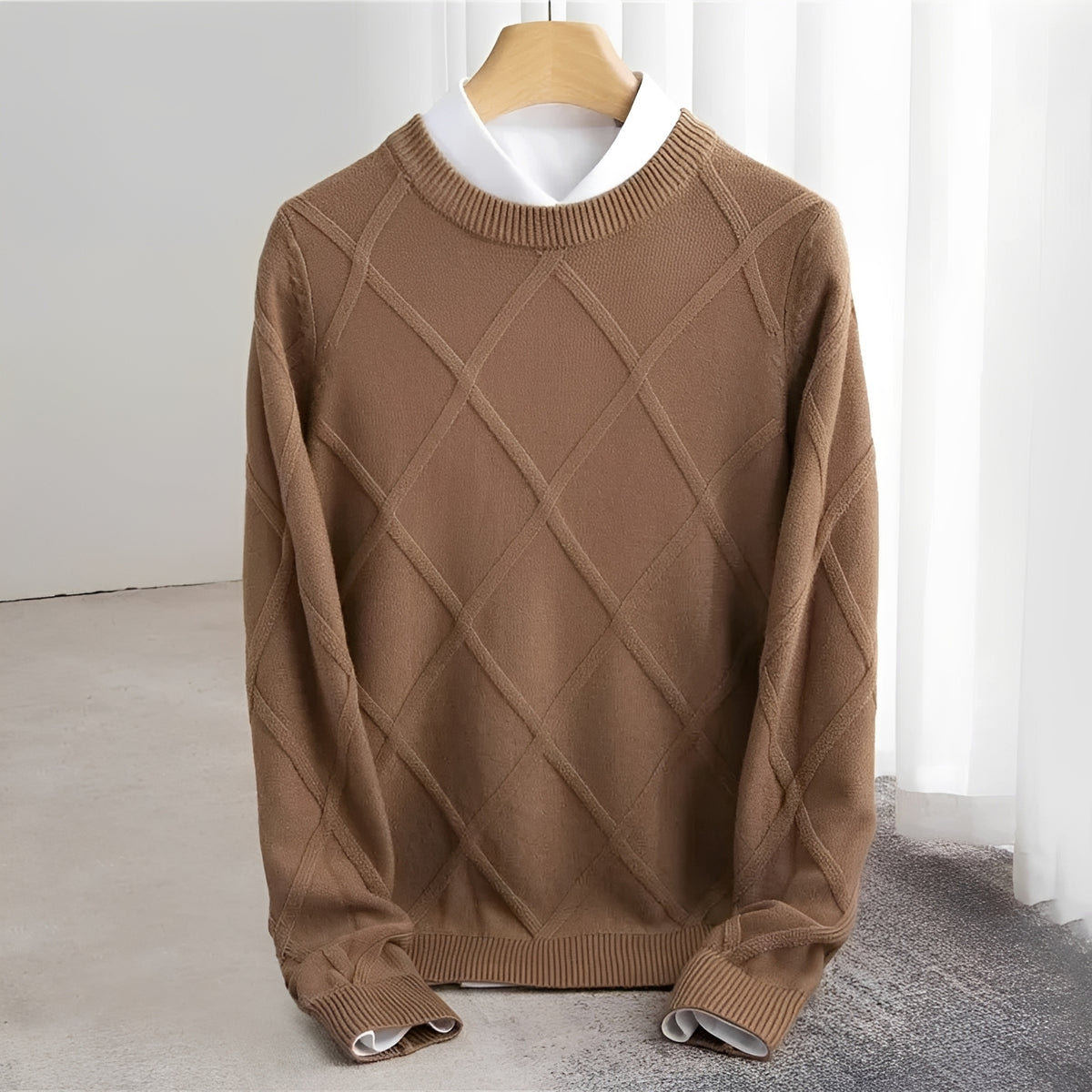 Męski sweter z dekoltem O, wzór argyle, ściągacze na rękawach, regularny krój