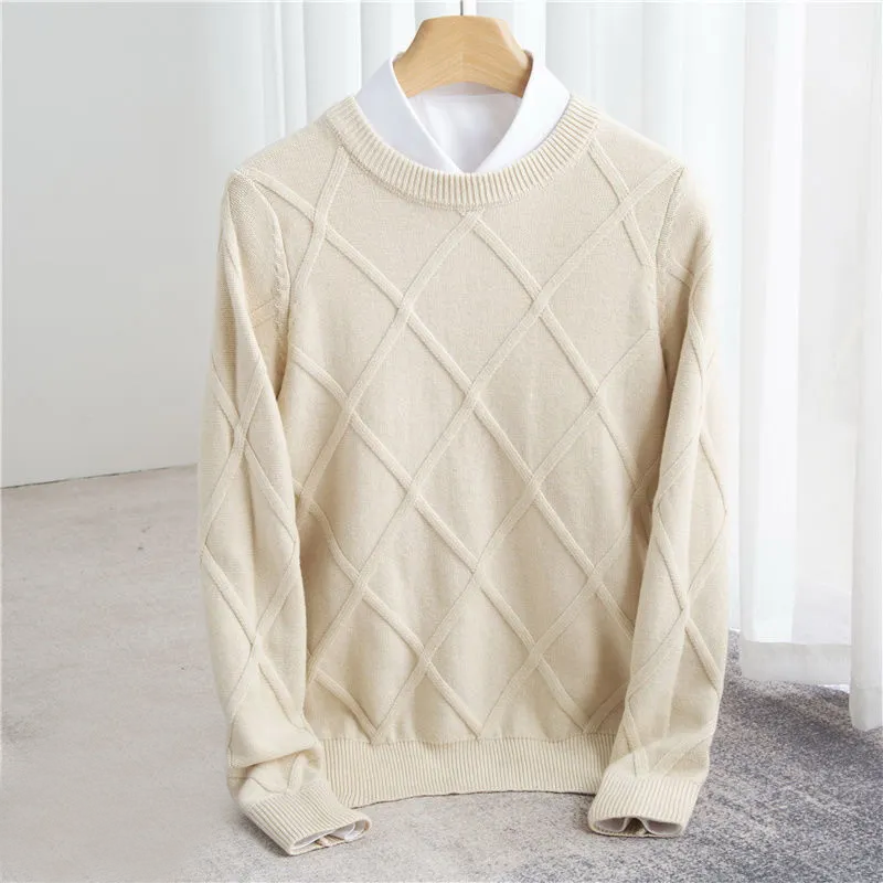 Męski sweter z dekoltem O z wzorem argyle i ribowanymi mankietami - regularny krój