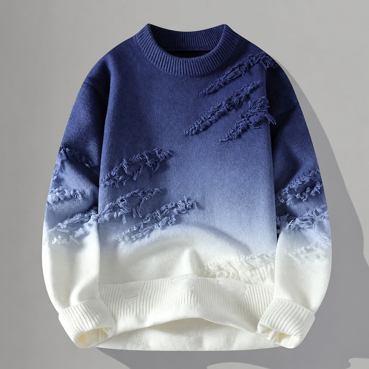 Męski sweter z przetarciami i gradientem - relaxed fit z frayed detalami