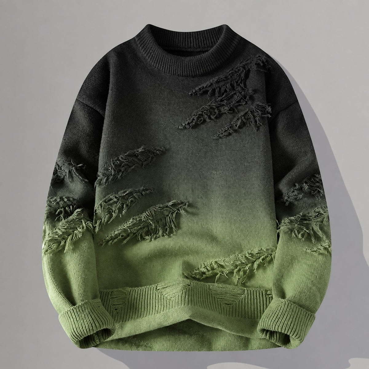 Męski sweter z przetarciami i gradientem - relaxed fit z frayed detalami