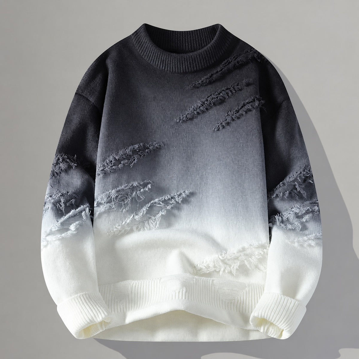 Męski sweter z przetarciami i gradientem - relaxed fit z frayed detalami