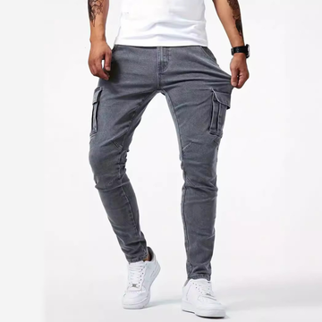 Męskie jeansy cargo Slim tapered - kieszenie udowe z klapami i dodatkowe panelowe na kolanach