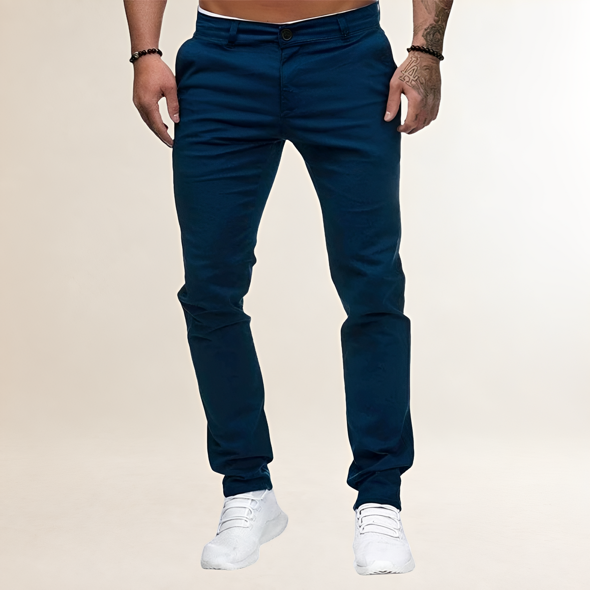 Męskie spodnie casualowe slim fit z zamkiem i skośnymi kieszeniami