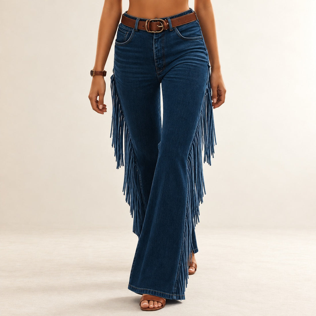 Spodnie damskie rozkloszowane z frędzlami - luźny krój vintage