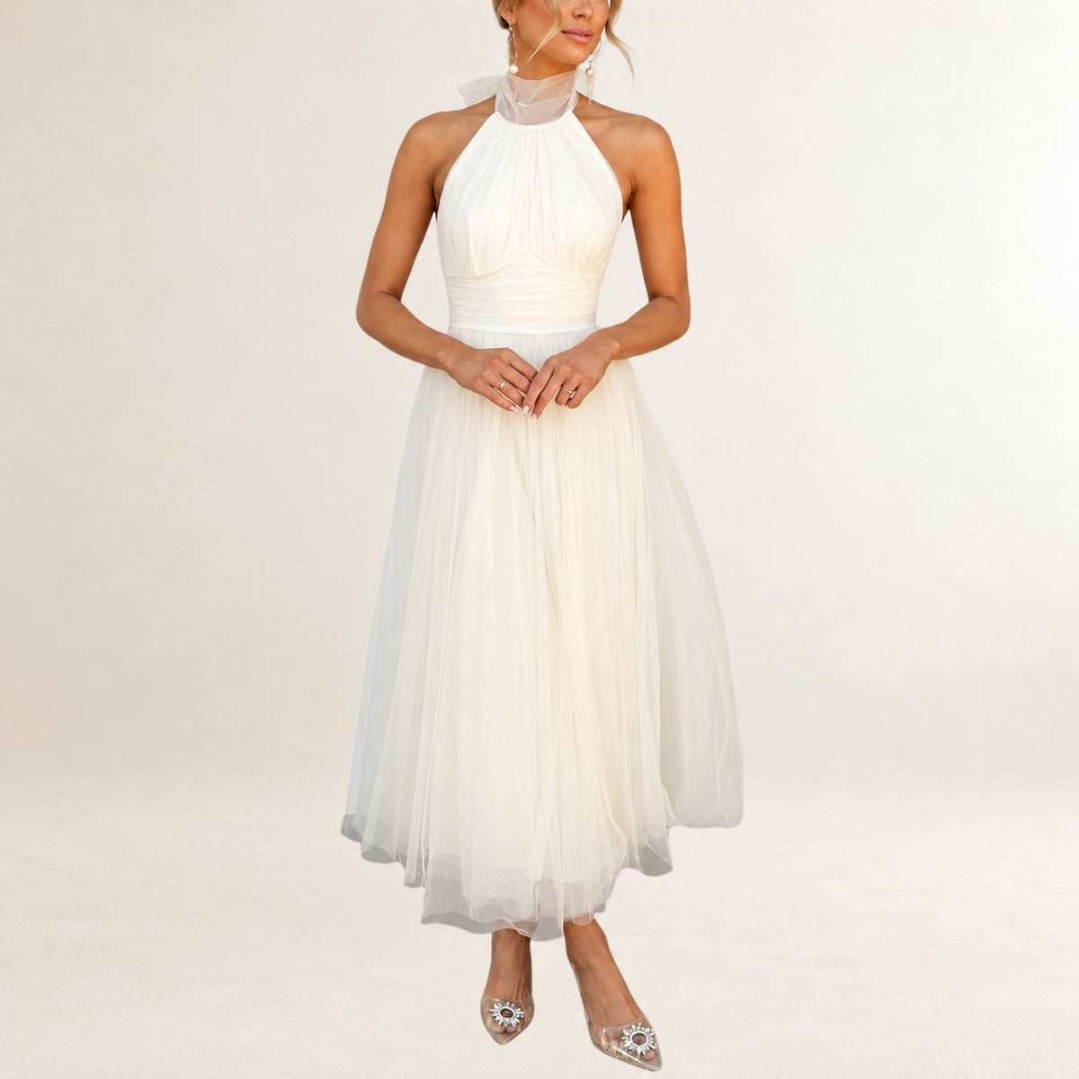 Sukienka maxi halter damska z regulowanym wiązaniem przy szyi, góra marszczona, talia z marszczeniem, dół A-line do kostek, niewidoczny zamek z tyłu