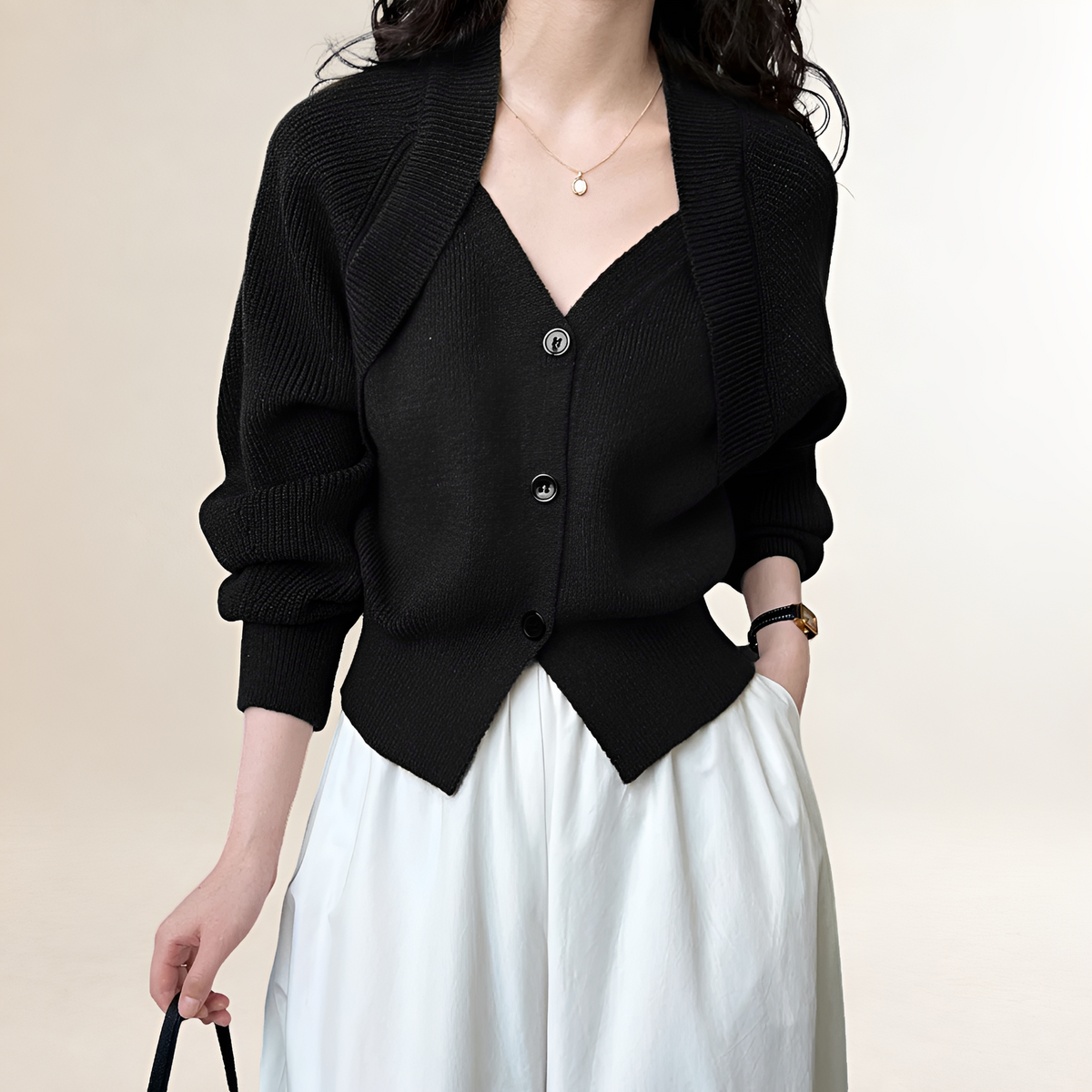 Sweter dla kobiet z dekoltem w serek i guzikiem long sleeve