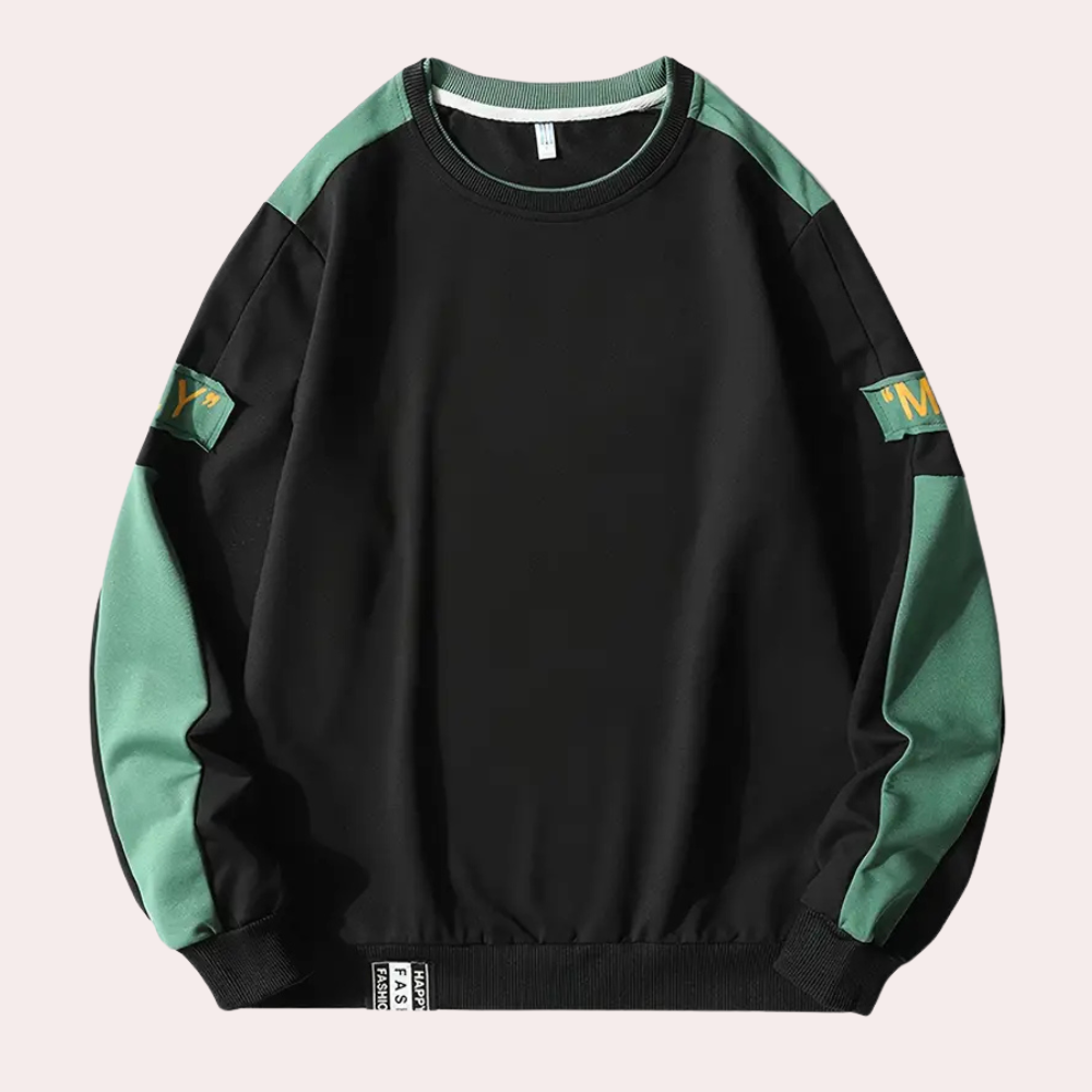 Sweter męski z długim rękawem i okrągłym dekoltem - nowoczesny design z logo