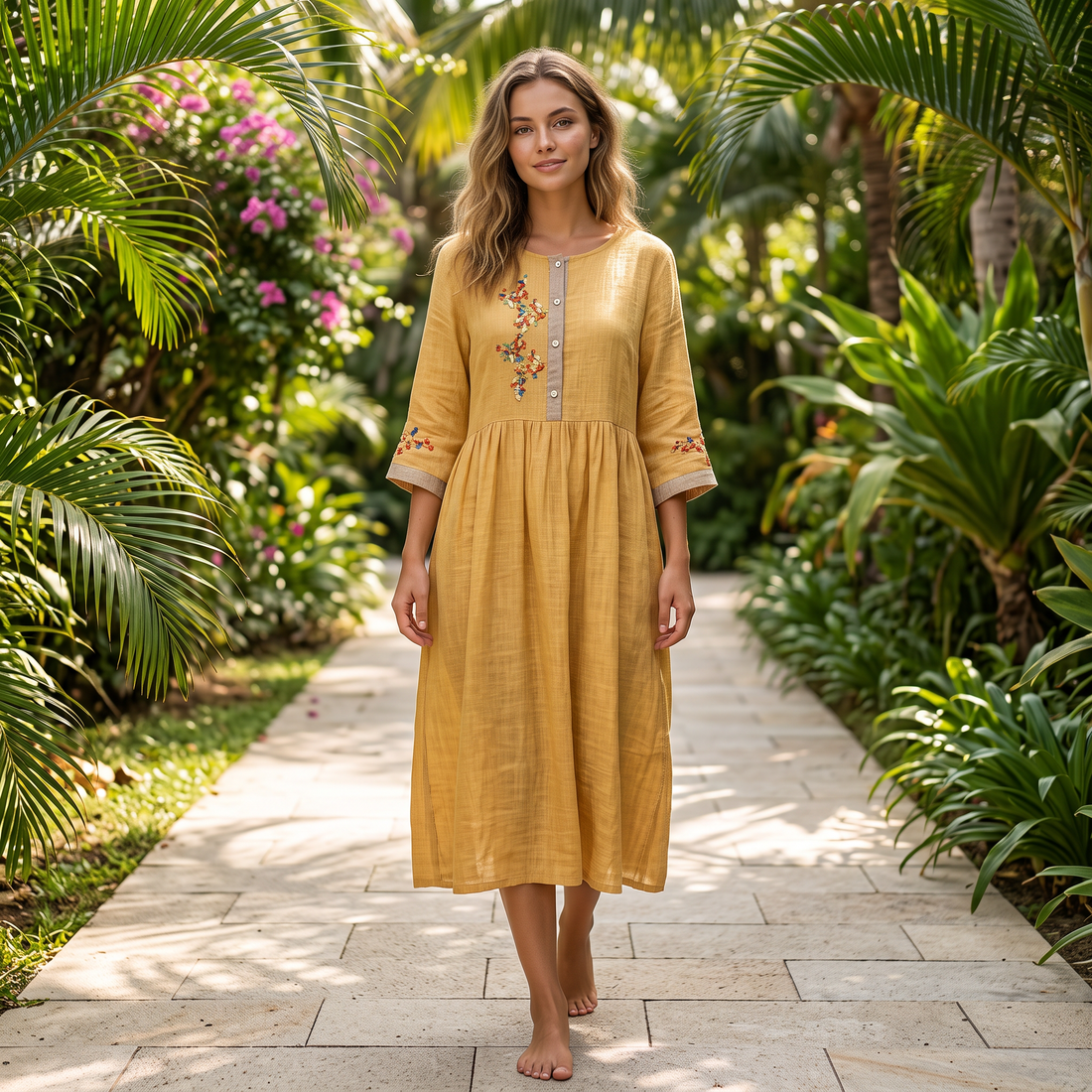 Laura - Luźna Sukienka Boho z Haftem