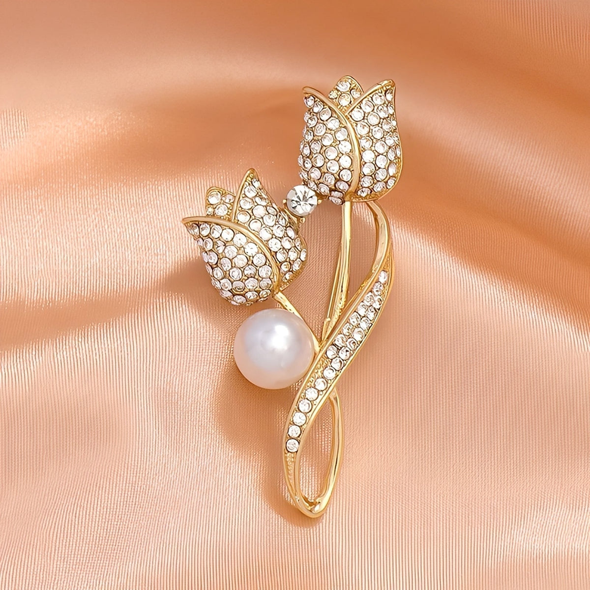 Jackie – Broche tulipana złotego z cyrkonią i perłą, złoto