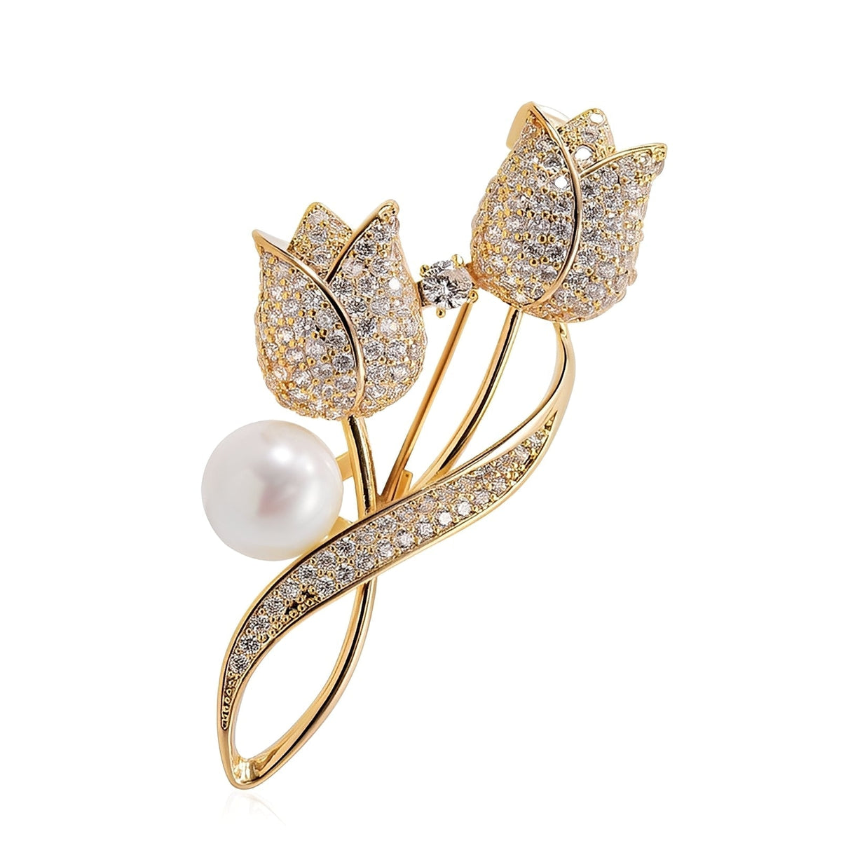 Jackie – Broche tulipana złotego z cyrkonią i perłą, złoto